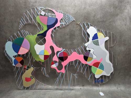 Artist unknown, colourful abstract. Mixed media on clear perspex