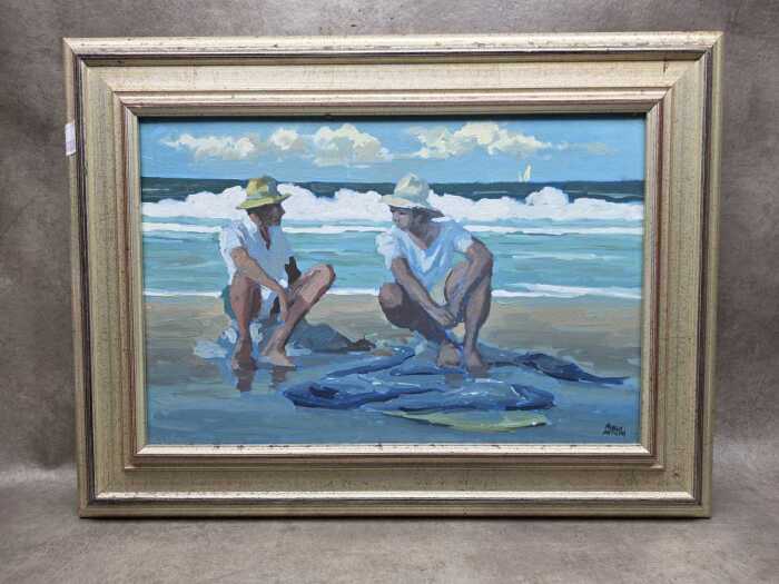 Pablo Matania (Argentina, 1936-), two men sitting on beach. Oil painting on canvas