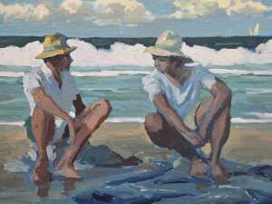 Pablo Matania (Argentina, 1936-), two men sitting on beach. Oil painting on canvas - 2