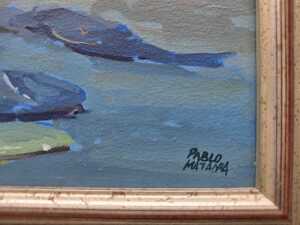 Pablo Matania (Argentina, 1936-), two men sitting on beach. Oil painting on canvas - 3