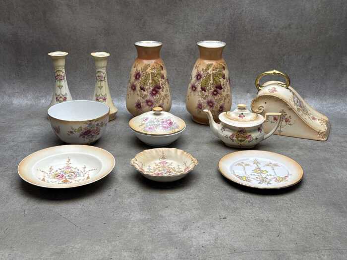 Antique porcelain blush ware including pair of vases, cheese plate lid, candle sticks, etc.