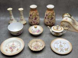 Antique porcelain blush ware including pair of vases, cheese plate lid, candle sticks, etc. - 2