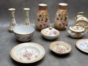 Antique porcelain blush ware including pair of vases, cheese plate lid, candle sticks, etc. - 3