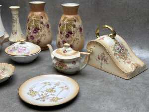 Antique porcelain blush ware including pair of vases, cheese plate lid, candle sticks, etc. - 4