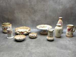 Antique English porcelain blush ware including footed cake plate, ruffle-edged dishes, metal lidded biscuit barrel, etc.