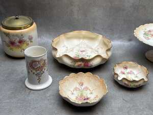 Antique English porcelain blush ware including footed cake plate, ruffle-edged dishes, metal lidded biscuit barrel, etc. - 2
