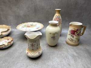 Antique English porcelain blush ware including footed cake plate, ruffle-edged dishes, metal lidded biscuit barrel, etc. - 3