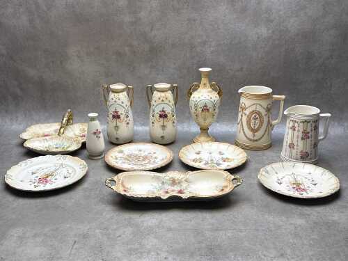 Antique porcelain blush ware including a tri-lobe leaf-shaped serving dish.