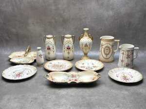 Antique porcelain blush ware including a tri-lobe leaf-shaped serving dish.