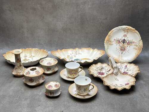 Antique porcelain blush ware including duos, dressing table items, tri-loped dish, etc.