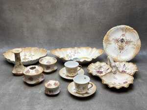 Antique porcelain blush ware including duos, dressing table items, tri-loped dish, etc.