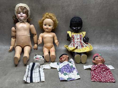 Three dolls and three Noddy hand puppets