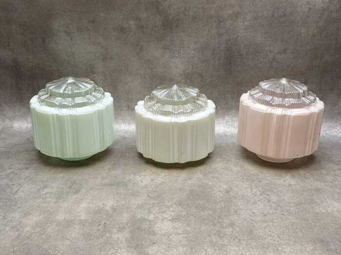 Three matching Art Deco hexagonal glass ceiling light shades