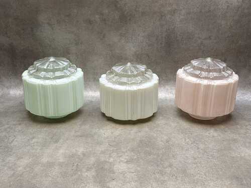 Three matching Art Deco hexagonal glass ceiling light shades