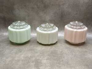Three matching Art Deco hexagonal glass ceiling light shades