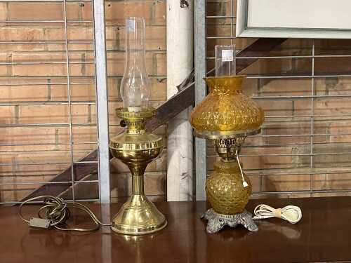 Two kerosene style electric table lamps