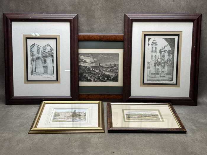 Five framed prints of scenes from around the world