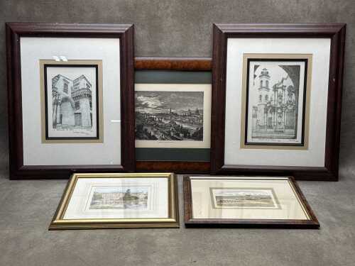 Five framed prints of scenes from around the world