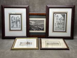 Five framed prints of scenes from around the world