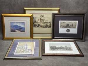 Five framed prints of European scenes