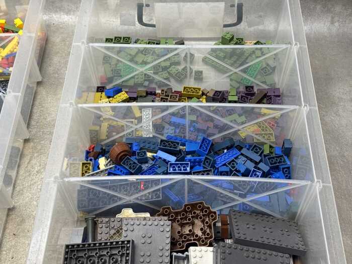 Three tubs of assorted interlocking building blocks