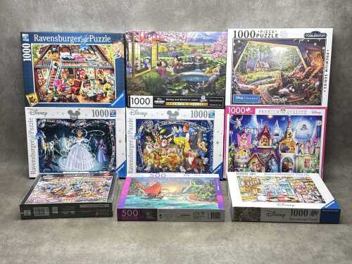 Nine jigsaw puzzles including Ravensburg, Disney, etc