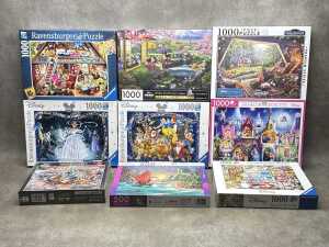 Nine jigsaw puzzles including Ravensburg, Disney, etc