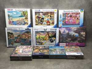 Ten jigsaw puzzles including Ravensburg, Disney, etc.