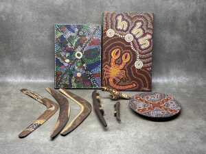 Indigenous Australian decorative items, including paintings