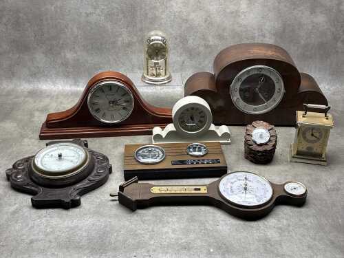 Group of clocks and barometers including mantel clocks