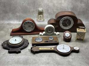 Group of clocks and barometers including mantel clocks