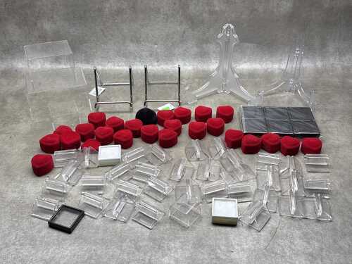 Assorted shopkeepers' retail display stands and boxes