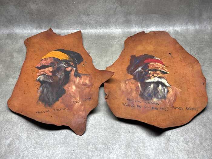 James Egan (1929-), Aborigine Tribesman (2). Two oil paintings on kangaroo hide