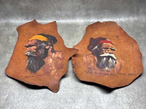 James Egan (1929-), Aborigine Tribesman (2). Two oil paintings on kangaroo hide