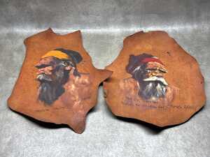 James Egan (1929-), Aborigine Tribesman (2). Two oil paintings on kangaroo hide