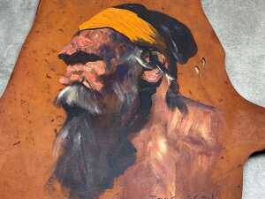 James Egan (1929-), Aborigine Tribesman (2). Two oil paintings on kangaroo hide - 2