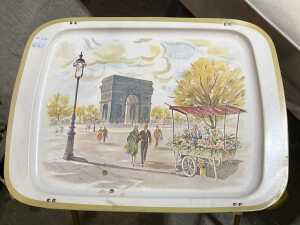 Retro tin folding 'TV' table with Parisian scene. - 2