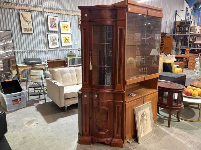 Italian-style inlaid timber corner curio cabinet