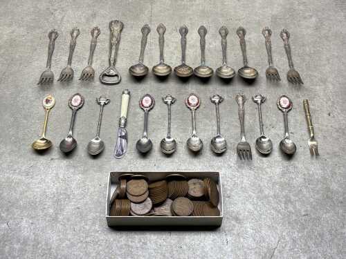 Australian pennies and assorted souvenir cutlery