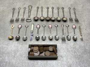 Australian pennies and assorted souvenir cutlery