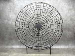 Two decorative, brown, woven sculptural pieces with stands 70cm - 2