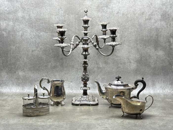 Silver plate items including candelabra