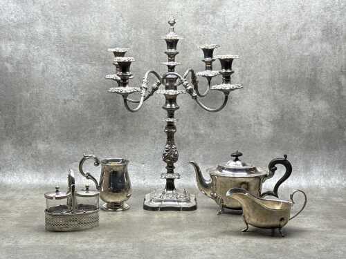 Silver plate items including candelabra