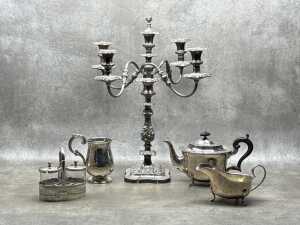 Silver plate items including candelabra