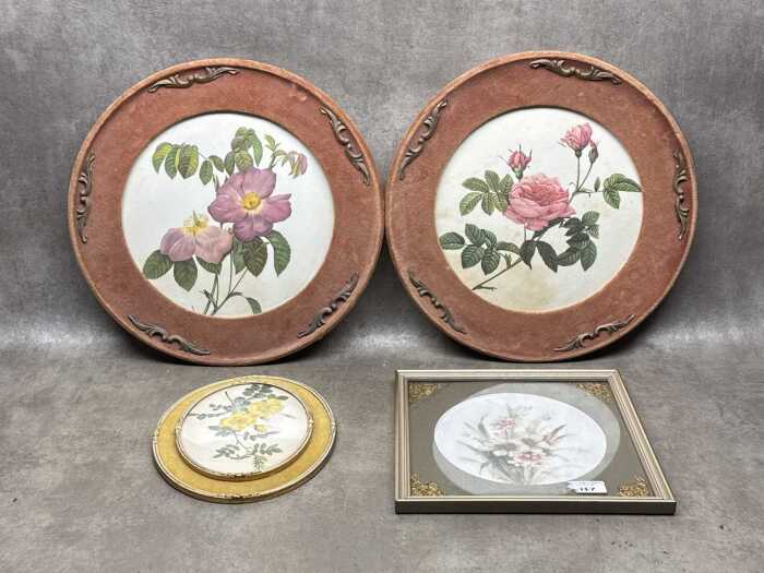 Four floral artworks, three in velvet frames