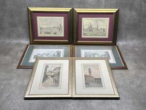 Three sets of European scene prints on paper (6)