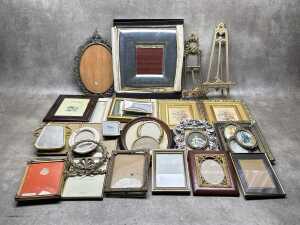 Picture frames and two cast metal miniature easels