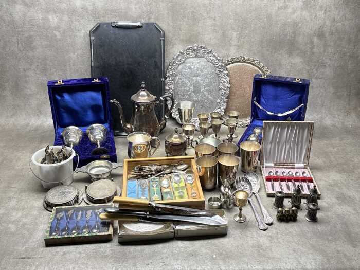 Assorted silver plate and metalware including goblets