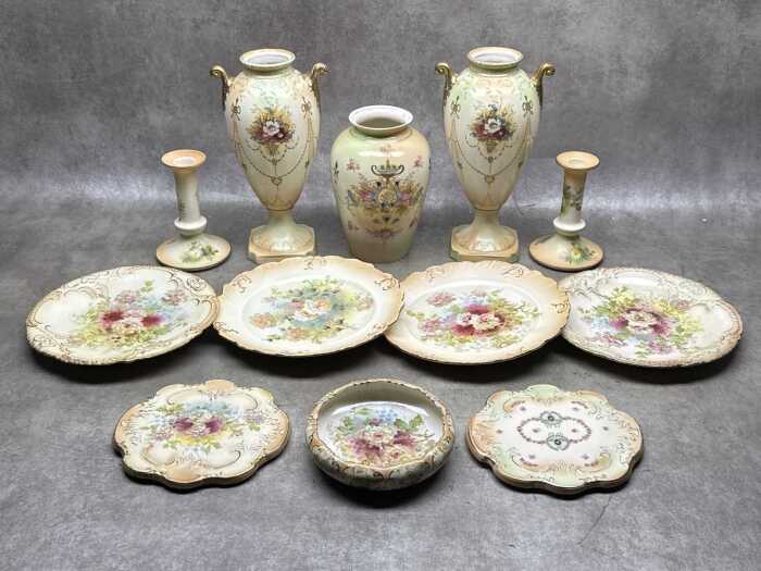Antique porcelain blush ware including pair of twin-handled vases, pair of candlesticks, plates, etc.