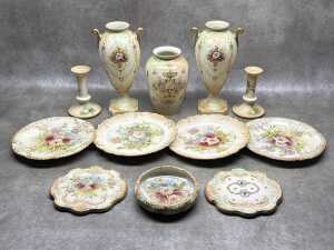 Antique porcelain blush ware including pair of twin-handled vases, pair of candlesticks, plates, etc.